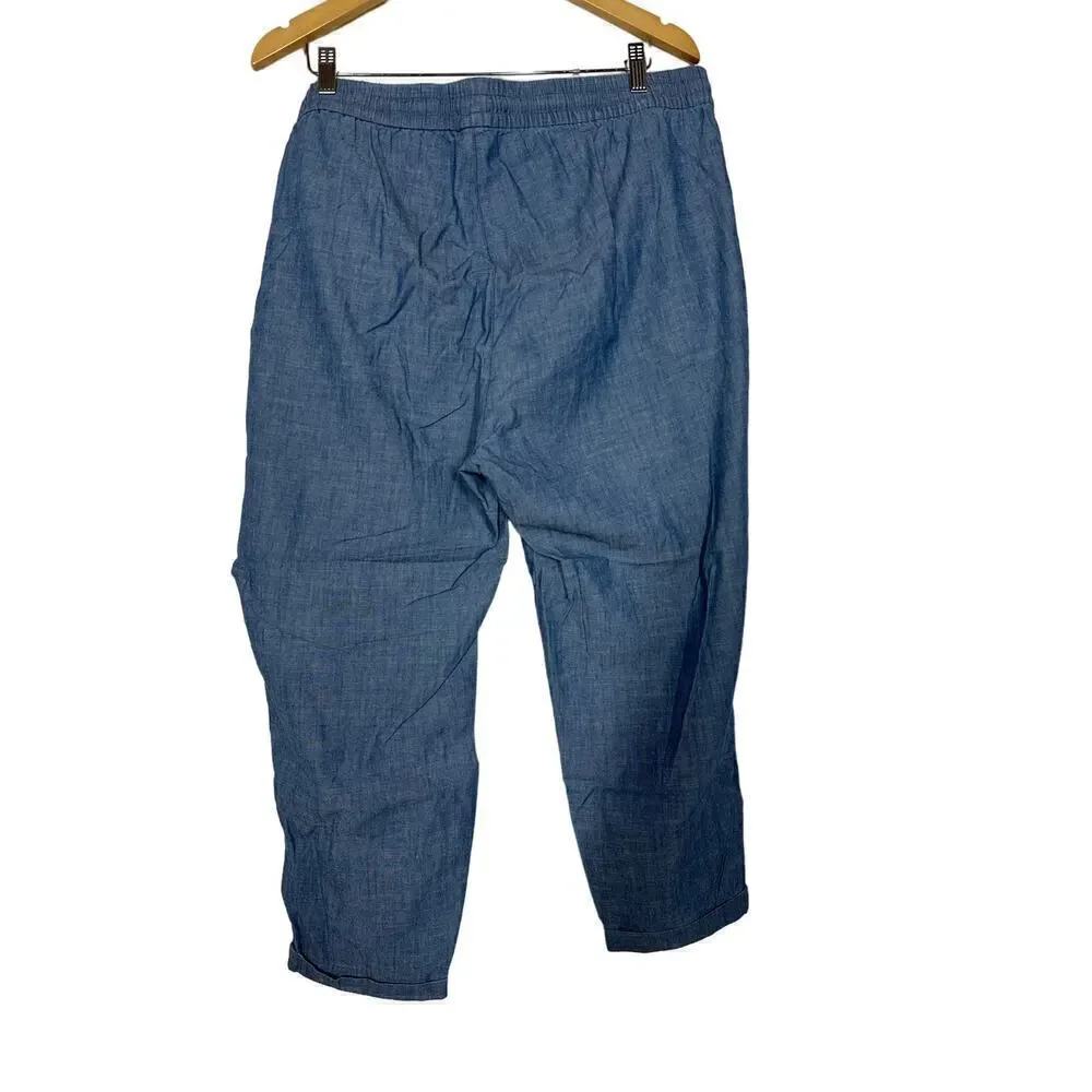 J. Crew Pants Chambray Drawstring Waist Tapered Cotton Med Echo Blue Wash NWT 18
